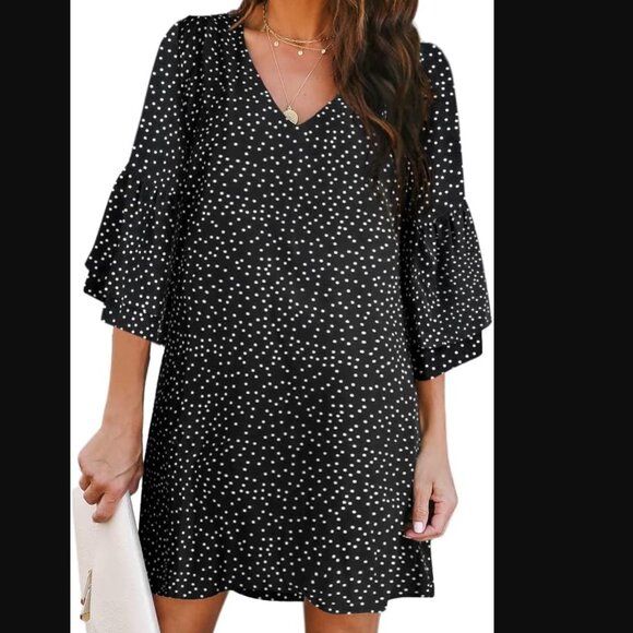 Dresses & Skirts - (L) NWT V-Neck, 3/4 Bell Sleeve, B&W Polka-dot, Mini Shift Dress